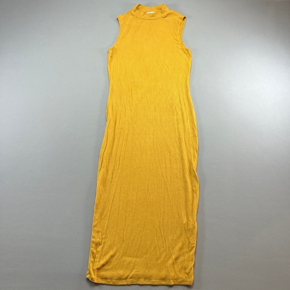 Popular 21 Bodycon Midi Dress Womens Medium Yellow Ribbed Knit Mock Neck Party